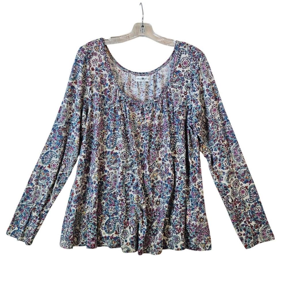 Natural Life Paisley Long Sleeve Trapeze Swing Top Cream Multicolor Blue Pink